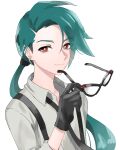  1girl asymmetrical_bangs black_gloves black_necktie collared_shirt eyewear_removed flat_chest glasses gloves green_hair grey_shirt long_hair nashiro_(nishir19) necktie pokemon pokemon_(game) pokemon_sv ponytail red_eyes reverse_trap rika_(pokemon) shirt sleeves_past_elbows solo suspenders 