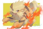  arcanine artist_name border fire highres looking_at_viewer no_humans nullma open_mouth pokemon pokemon_(creature) signature simple_background solo tongue tongue_out watermark white_border yellow_background 