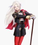  1girl absurdres ascot averting_eyes axe blonde_hair blue_eyes cape closed_mouth cowboy_shot edelgard_von_hresvelg epaulettes feet_out_of_frame fire_emblem fire_emblem:_three_houses floating_hair garreg_mach_monastery_uniform gloves hair_between_eyes hair_ornament hair_ribbon hands_on_hilt highres leggings long_hair long_sleeves looking_down looking_to_the_side one_eye_closed purple_ribbon red_cape red_leggings ribbon roru_(lol_dessin) simple_background solo standing uniform violet_eyes white_background white_gloves white_hair wistful 