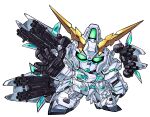  chibi green_eyes gundam gundam_unicorn highres looking_at_viewer mecha no_humans nt-d open_hand pillar_buster robot science_fiction shield unicorn_gundam v-fin white_background 