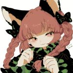  1girl :3 animal_ear_fluff animal_ears black_bow bow braid canariadraw cat_ears closed_mouth commentary dated dress frills green_dress hair_bow hands_up highres juliet_sleeves kaenbyou_rin light_blush long_hair long_sleeves looking_to_the_side paw_pose pink_eyes puffy_sleeves redhead sidelocks simple_background solo touhou translation_request twin_braids upper_body white_background 