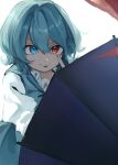  1girl blue_eyes blue_hair blue_vest closed_mouth commentary heterochromia highres hiyayakko323 karakasa_obake long_sleeves looking_at_viewer red_eyes short_hair simple_background solo tatara_kogasa tongue tongue_out touhou umbrella vest white_background 