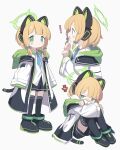  ! 1girl absurdres anger_vein angry animal_ear_headphones animal_ears animal_hood atat250 black_coat black_footwear black_shorts black_thighhighs blonde_hair blue_archive blue_necktie blush blush_stickers boots cat_ear_headphones cat_hood cat_tail coat collared_shirt cropped_torso dot_mouth dress_shirt embarrassed fake_animal_ears fake_tail full_body furrowed_brow green_coat green_eyes grey_background halo headphones highres hood hood_down hooded_coat hugging_own_legs knees_up looking_at_viewer low_tied_sidelocks midori_(blue_archive) multicolored_coat multiple_views necktie nose_blush open_clothes open_coat open_mouth shirt short_hair shorts sidelocks simple_background sitting sleeves_past_fingers sleeves_past_wrists smile tail thigh-highs white_coat white_shirt 