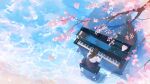  1girl beach black_skirt cherry_blossoms craft-cs flower instrument long_sleeves music original petals piano pink_flower playing_instrument shadow shirt skirt solo stool water white_shirt wide_shot 