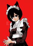 1girl an1th1ngnb animal_ears apron black_dress black_eyes black_hair cat_ears cat_girl closed_mouth dress highres juliet_sleeves long_hair long_sleeves looking_at_viewer maid_headdress original own_hands_together puffy_sleeves red_background smile solo upper_body white_apron