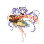  1girl barefoot biwa_lute chain dress flower full_body game_cg hair_flower hair_ornament highres instrument long_hair long_sleeves looking_at_viewer lute_(instrument) musical_note purple_hair rotte_(1109) simple_background solo third-party_source touhou touhou_lost_word tsukumo_benben very_long_hair violet_eyes white_background white_flower yellow_dress 