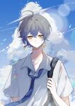  1boy absurdres anqing bag black_bag black_necktie blue_sky clouds collared_shirt earrings grey_hair highres holding holding_bag ike_eveland jewelry lens_flare looking_at_viewer loose_necktie male_focus necktie nijisanji nijisanji_en shirt short_hair short_sleeves shoulder_bag sky smile solo upper_body virtual_youtuber white_shirt yellow_eyes 