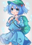  1girl :o absurdres backpack bag blue_eyes blue_hair blue_shirt blue_skirt blush commentary_request cowboy_shot green_headwear grey_background hair_between_eyes hair_bobbles hair_ornament hat high_meron highres holding_strap kawashiro_nitori key long_sleeves looking_at_viewer open_mouth pocket shirt short_hair simple_background skirt solo touhou two_side_up 