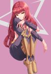  1girl absurdres armor blunt_bangs bodysuit closed_mouth clothing_cutout facial_mark fire_emblem fire_emblem_engage full_body highres long_hair looking_at_viewer orange_eyes pink_background redhead revvie shoes simple_background sitting solo star_(symbol) yunaka_(fire_emblem) 