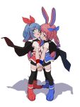  2girls :q absurdres animal_ears aqua_eyes armor black_cape black_skirt black_thighhighs blue_bow blue_bowtie blue_footwear blue_hair blue_wristband boots bow bowtie cape closed_mouth faulds from_side gradient_hair grin hair_bow highres holding_hands interlocked_fingers looking_at_viewer lop_rabbit_ears matching_outfits multicolored_hair multiple_girls nse omega_rei omega_rio omega_sisters paw_shoes pink_hair purple_hair rabbit_ears red_bow red_bowtie red_footwear red_wristband redhead ringlets shirt short_hair short_sleeves siblings sisters skirt smile streaked_hair sweatband thigh-highs tongue tongue_out twintails virtual_youtuber white_shirt yellow_eyes 