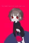  1girl bag black_jacket brown_hair highres holding holding_bag jacket milk-chan_(milk_series) milk_inside_a_bag_of_milk_inside_a_bag_of_milk pale_skin pink_background red_eyes simple_background umin0sati 