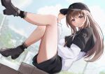  1girl baseball_cap blue_eyes blush boots brown_hair clouds frilled_socks frills hair_flaps hat highres hololive hood hoodie long_hair long_sleeves looking_at_viewer sahatarakau shorts sitting socks solo star_(symbol) tokino_sora tokino_sora_(6th_costume) virtual_youtuber 