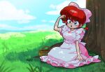  1girl blue_eyes bow breasts cherry clouds cloudy_sky dress food fruit grass hair_between_eyes open_mouth pink_bow pink_dress ranma-chan ranma_1/2 redhead shadow sky solo tree wanta_(futoshi) 