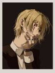  1other androgynous black_suit blonde_hair blood blood_from_eyes crystal_earrings earrings formal hand_on_own_face hunter_x_hunter jewelry kurapika long_sleeves mistu123409 multiple_rings red_eyes ring shirt short_hair simple_background solo suit thumb_ring upper_body white_shirt 