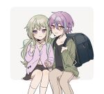  1boy 1girl aged_down ap5ry backpack bag black_shirt black_skirt blue_bag blue_eyes brown_pants closed_mouth green_hair green_jacket jacket kamishiro_rui kusanagi_nene long_hair long_sleeves low_twintails multicolored_hair pants project_sekai purple_hair purple_jacket shirt simple_background sitting skirt smile socks streaked_hair twintails very_long_hair violet_eyes white_background white_shirt white_socks 