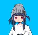  1girl :| beanie blue_background blue_hair blunt_bangs blunt_ends closed_mouth dark_blue_hair grey_headwear hat looking_at_viewer nao97122 original print_shirt red_eyes shirt sidelocks solo straight-on two_side_up upper_body white_shirt 
