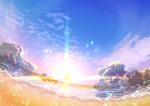  absurdres aoha_(twintail) backlighting beach blue_sky clouds cloudy_sky highres horizon light light_rays no_humans ocean orange_sky original scenery shore sky sunlight water 