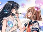  2girls :d artist_name black-framed_eyewear black_hair blue_sailor_collar blush breasts bubble bubble_blowing bubble_pipe closed_eyes commentary_request dated facing_another from_side glasses gradient_background hand_up himawari-san himawari-san_(character) holding kazamatsuri_matsuri light_brown_hair long_hair looking_at_another multiple_girls neckerchief open_mouth red_neckerchief sailor_collar school_uniform serafuku shirt short_hair short_sleeves sideways_mouth signature simple_background sketch smile soap_bubbles sugano_manami upper_body violet_eyes white_shirt 
