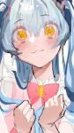  1girl :3 blue_hair blush bow bowtie closed_mouth hair_ornament heart heart_hair_ornament highres lobotomy_corporation long_hair pink_bow pink_bowtie pipio project_moon queen_of_hatred smile solo star-shaped_pupils star_(symbol) symbol-shaped_pupils two_side_up very_long_hair yellow_eyes 