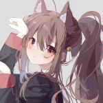  1girl :3 ahoge animal_ear_fluff animal_ears bell black_jacket blush brown_hair cat_ears close-up closed_mouth commentary_request extra_ears eyes_visible_through_hair from_side grey_background hair_bell hair_between_eyes hair_ornament hair_over_shoulder hands_up highres jacket little_busters! long_hair long_sleeves looking_at_viewer natsume_rin nujii paw_pose ponytail red_eyes school_uniform sidelocks simple_background solo 