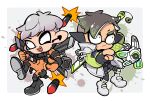  1boy 1girl alternate_species apex_legends black_footwear black_gloves black_hair black_pants bodysuit boots chibi crypto_(apex_legends) frown gloves green_hair grey_hair hack_(apex_legends) highres inkling inkling_boy inkling_girl jacket missile missile_pod nojima_minami non-humanoid_robot open_mouth orange_bodysuit pants partially_fingerless_gloves pointing robot short_hair smile splatoon_(series) valkyrie_(apex_legends) white_footwear white_jacket 