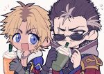  2boys armor auron black_hair bleached_hair blonde_hair blue_eyes brown_eyes chibi closed_eyes drink drinking drinking_straw earrings facial_hair final_fantasy final_fantasy_x flying_sweatdrops glasses gloves grey_hair holding holding_drink hood jacket japanese_armor jewelry male_focus multicolored_hair multiple_boys necklace one_eye_closed open_clothes open_jacket open_mouth ponytail roots_(hair) scar scar_on_face short_hair smile streaked_hair sunglasses tidus ttnoooo whipped_cream 