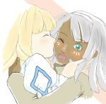  blonde_hair blush closed_eyes colored_skin dark_skin dianna_soreil dress f91gundam831 flustered green_eyes grey_hair gundam hand_around_neck hand_on_another&#039;s_cheek hand_on_another&#039;s_face headband highres hug kiss kissing_cheek loran_cehack one_eye_closed open_mouth simple_background turn_a_gundam white_dress white_skin 