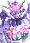  commentary daison glowing glowing_eyes green_eyes gundam gundam_calibarn gundam_suisei_no_majo highres looking_at_viewer mecha mobile_suit no_humans robot science_fiction simple_background solo upper_body v-fin white_background 