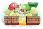  :d cat cosplay fang luigi luigi_(cosplay) luigi_hat mario mario_(cosplay) mario_hat no_humans pokemon_(creature) power-up smile speech_bubble sprigatito super_mario_bros. super_mushroom teeth upper_teeth_only yupo_0322 