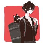  1boy amamiya_ren amamiya_ren_(cosplay) black-framed_eyewear black_hair black_jacket border cat closed_mouth cosplay eyelashes glasses grey_bag jacket male_focus messy_hair morgana_(persona_5) nordic50425 persona persona_5 school_uniform shirt short_hair shuujin_academy_school_uniform white_border white_shirt 