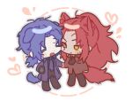  1boy 1girl animal_ears ascot black_ascot blue_hair blush chesed_(project_moon) chibi closed_eyes coat cup dog_ears dog_tail gebura_(project_moon) heart holding holding_cup holding_hands library_of_ruina long_hair low_ponytail lowres mug munjiduck parted_bangs project_moon red_coat redhead simple_background tail very_long_hair white_background wolf_ears wolf_tail 