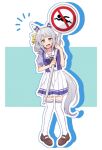  1girl animal_ears blush breasts collarbone commentary_request full_body green_eyes grey_hair hair_between_eyes highres hishi_miracle_(umamusume) holding holding_sign horse_ears horse_tail looking_at_viewer medium_breasts nm222hz open_mouth road_sign school_uniform sign simple_background solo tail thigh-highs tracen_school_uniform twitter_username umamusume 