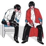  2boys black_footwear black_hair black_pants black_shirt blue_eyes chainsaw_man coat collared_shirt crossed_legs hair_over_one_eye halftone_texture head_rest highres kumanooppo looking_at_viewer multiple_boys nagumo_(sakamoto_days) pants red_coat sakamoto_days shirt short_hair simple_background smile white_background white_shirt yoshida_hirofumi 