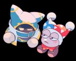 2boys belt black_background bow bowtie brown_footwear colored_skin commentary_request disembodied_limb fang gloves hat jester_cap kirby&#039;s_return_to_dream_land kirby_(series) kirby_super_star magolor marx_(kirby) multiple_boys ni_re open_mouth pink_skin red_bow red_bowtie shoes simple_background violet_eyes white_gloves wince yellow_eyes