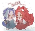  1boy 1girl 2022 animal_ears blue_hair chesed_(project_moon) dog_boy dog_ears fur_collar gebura_(project_moon) grey_eyes hanbok happy_new_year heterochromia high_ponytail holding_hands jacket korean_clothes library_of_ruina long_hair long_sleeves low_ponytail munjiduck open_mouth pink_jacket project_moon scar scar_across_eye simple_background smile tail very_long_hair white_background wolf_ears wolf_tail yellow_eyes 