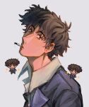  1boy black_hair brown_eyes chibi cigarette cowboy_bebop doodles formal full_body goomyloid highres messy_hair necktie pixel_art portrait shadow spike_spiegel spiky_hair upper_body variations 