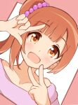  1girl :d bare_shoulders blunt_bangs blush brown_eyes brown_hair collarbone commentary_request dot_nose dutch_angle hair_ornament hair_scrunchie hand_up idolmaster idolmaster_cinderella_girls idolmaster_cinderella_girls_starlight_stage igarashi_kyoko index_finger_raised kuwahara looking_at_viewer medium_hair multicolored_background off_shoulder one_side_up open_mouth pink_background pink_scrunchie pink_shirt portrait scrunchie shirt side_ponytail simple_background smile solo swept_bangs v white_background 