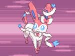  animal_focus blue_sclera bow bowtie closed_mouth colored_sclera commentary english_commentary espeon full_body hair_bow happy looking_to_the_side looking_up no_humans pink_background pink_bow pink_bowtie pixel_art pokemon pokemon_(creature) ribbon smile solo standing white_eyes white_ribbon wisgarus 
