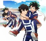  2boys aged_down alternate_universe bandana black_hair boku_no_hero_academia carrying closed_eyes green_eyes green_hair grin highres holding_hands looking_at_another male_focus midoriya_izuku mole mole_under_eye multiple_boys otogino31 piggyback red_eyes shigaraki_tomura shoes smile sneakers stadium twitter_username u.a._gym_uniform 