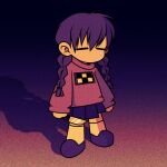  braid chibi closed_eyes commentary cryptidhermit english_commentary full_body gradient_background hair_between_eyes holding holding_knife knife limited_palette long_sleeves madotsuki no_mouth pink_sweater purple_footwear purple_hair purple_skirt shadow skirt socks solo standing sweater twin_braids white_socks yume_nikki 