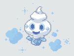  blue_eyes blue_sclera colored_sclera commentary english_commentary food frost full_body grey_background happy ice_cream looking_at_viewer no_humans open_mouth pokemon pokemon_(creature) simple_background smile solo sparkle vanillite wisgarus 