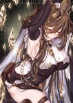  animal_ears armpits arms_up asymmetrical_hair breasts brown_hair brown_horns closed_eyes extra_ears frilled_sleeves frills galleon_(granblue_fantasy) granblue_fantasy hk_nh3cooh horns large_breasts multicolored_hair pointy_ears streaked_hair 