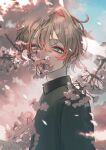  1boy absurdres aqua_eyes blonde_hair blue_sky branch cherry_blossoms flower flower_over_mouth gakuran highres long_sleeves looking_at_viewer male_focus mogama_(kaese) multicolored_hair open_mouth original pink_flower pink_hair pink_theme school_uniform short_hair sky smile solo tree 
