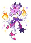  1girl blaze_the_cat cat_girl eyelashes fire forehead_jewel fur-trimmed_footwear furry furry_female gloves gold_necklace high_heels highres jacket jewelry light_smile lou_lubally necklace pants pink_footwear ponytail purple_jacket simple_background sonic_(series) sonic_rush white_pants yellow_eyes 