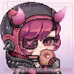  1girl animification apex_legends black_choker black_gloves black_jacket black_shirt chibi chinese_commentary choker cyber_punked_wattson doughnut food gloves holding holding_food hood hood_down horns jacket looking_at_viewer official_alternate_costume one_eye_covered patch pink_background pink_eyes pixel_art portrait redhead sample_watermark shirt short_hair solo spikes wattson_(apex_legends) yo_yi 