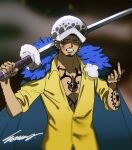  1boy arm_tattoo blue_hair chest_tattoo coat coat_on_shoulders earrings facial_hair fur-trimmed_coat fur_hat fur_trim hands_up hat holding holding_sword holding_weapon injury jewelry male_focus one_piece shade shirt signature sleeves_rolled_up smoke solo souma_(soumadian) sword tattoo trafalgar_law weapon yellow_shirt 