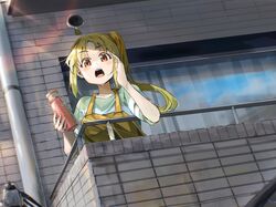  1girl ahoge apron balcony blonde_hair bocchi_the_rock! bottle brown_apron brown_eyes calling dutch_angle from_below funi_mu9 green_shirt hand_up high_side_ponytail highres holding holding_bottle ijichi_nijika lens_flare long_hair looking_at_viewer open_mouth orange_eyes outdoors parted_bangs shirt short_sleeves sidelocks solo standing t-shirt upper_body yellow_apron 