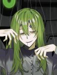  1boy brown_eyes empty_eyes feixu_(ruin) giovanni_(project_moon) green_eyes grey_jacket hands_up highres jacket liquid_from_mouth lobotomy_corporation long_hair long_sleeves looking_to_the_side male_focus netzach_(project_moon) parted_lips project_moon smile solo spoilers upper_body very_long_hair 
