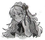  1girl blush bow bowtie braid buttons capelet closed_mouth crown_braid greyscale hair_bow hairband hand_up lobotomy_corporation long_sleeves looking_to_the_side monochrome project_moon simple_background solo tiphereth_a_(project_moon) upper_body yono_neie 