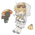  1boy 1other blonde_hair blush_stickers chibi clock dante_(limbus_company) holding holding_water_gun hood hoodie limbus_company lowres open_mouth project_moon short_hair simple_background sinclair_(limbus_company) umbrella water_gun white_background yellow_eyes yeong-il 